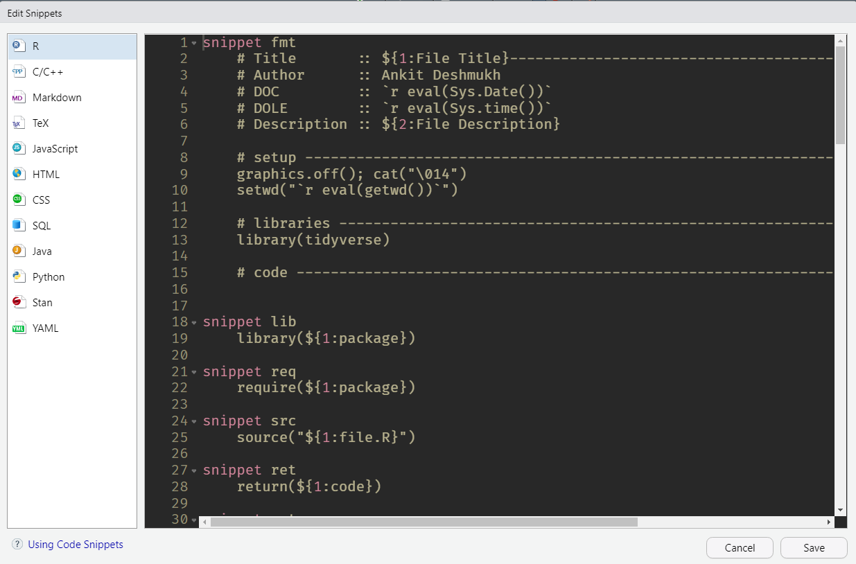 R Snippets for quick code chunks.