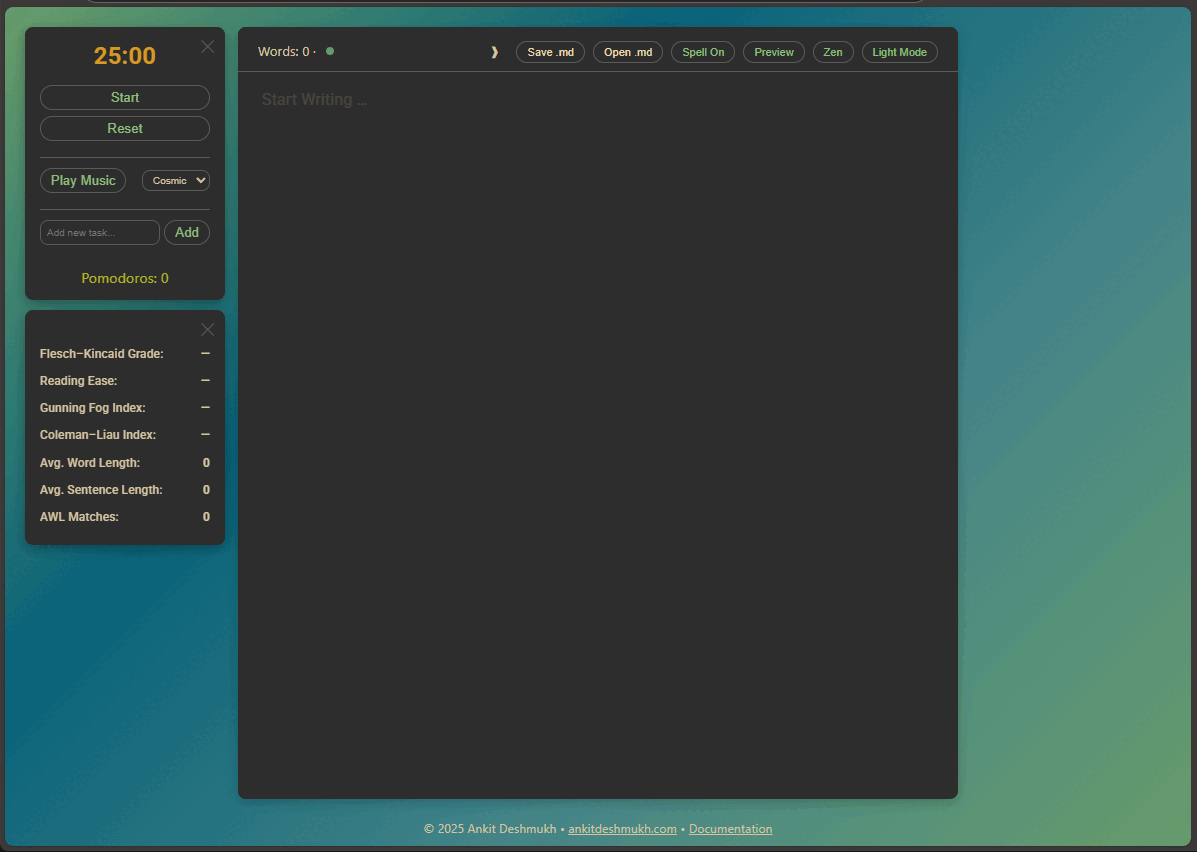 Pomodoro Writer interface – Dark/Light mode toggle